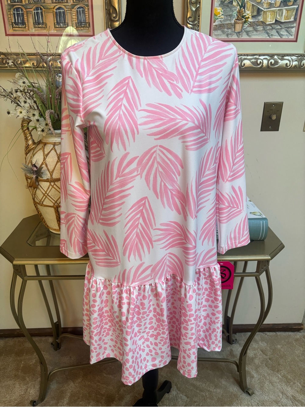 Kaeli Smith Pink & White Tropical Palm-Print Leopard Drop-Waist Dress Size XS-S